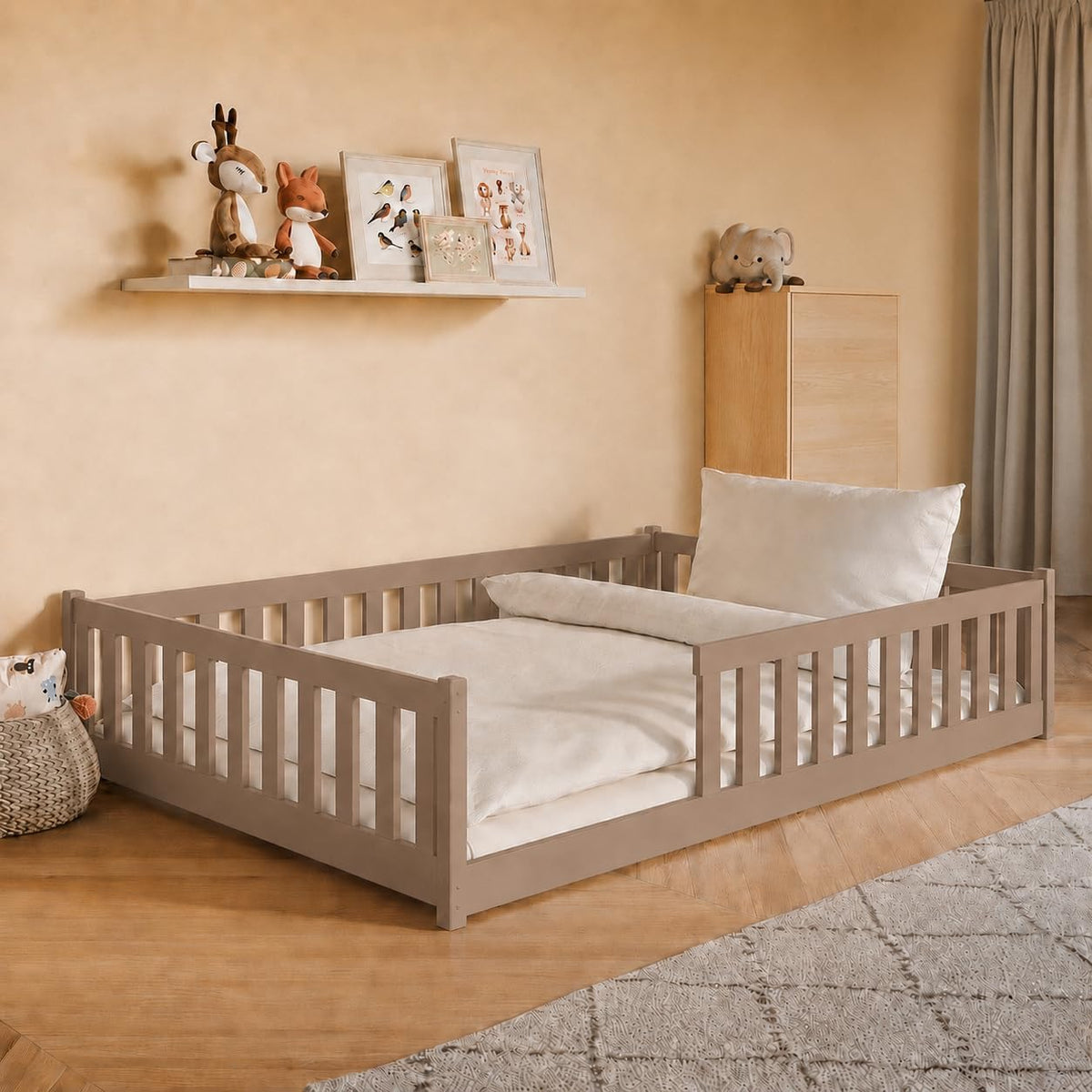 Kids Collective Kinderbett Bodenbett 120x200 cm Bett mit Rausfallschutz & Lattenrost Montessori Bett Bed Gitterbett Kinder Jugendbett Einzelbett