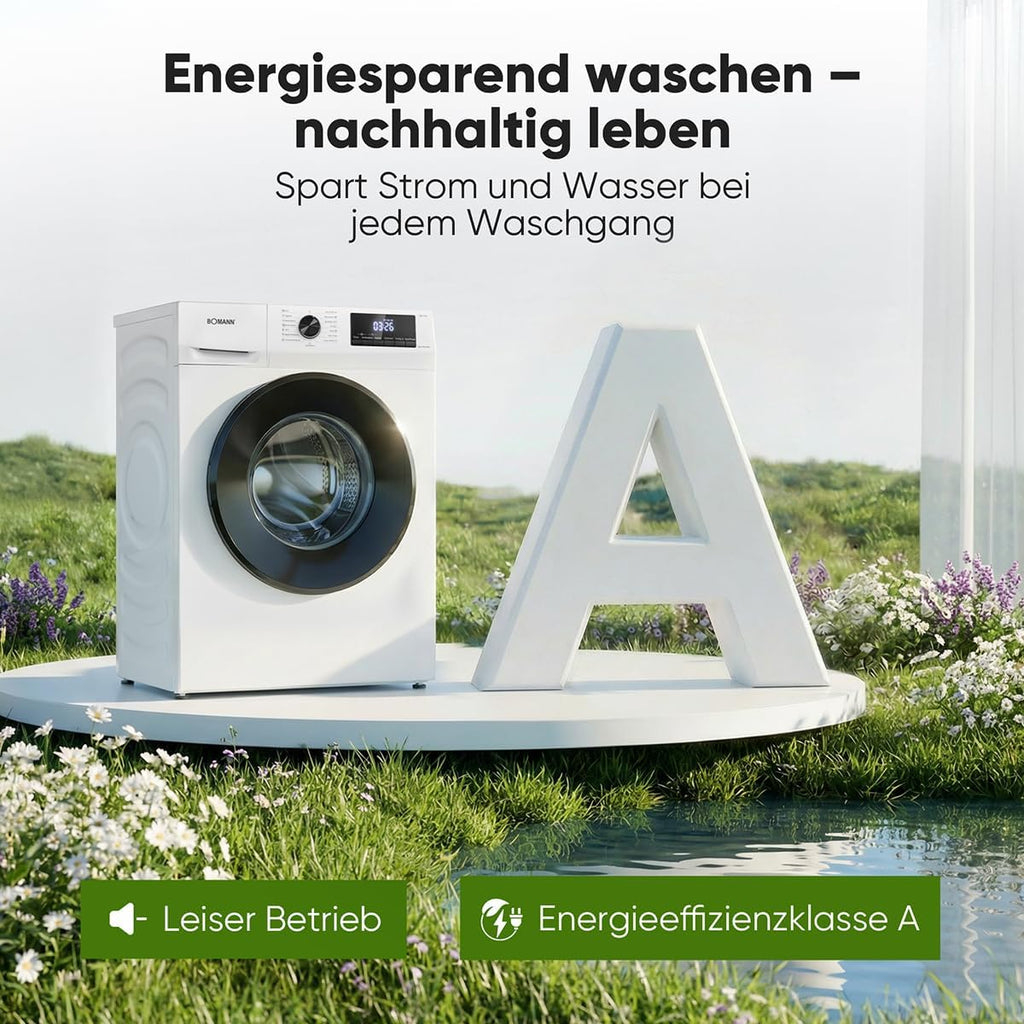 Bomann® Waschmaschine 7kg – max. 1400 U/min – 10 Jahre Motor-Garantie – effizienter, leiser & langlebiger Invertermotor – 15 Programme