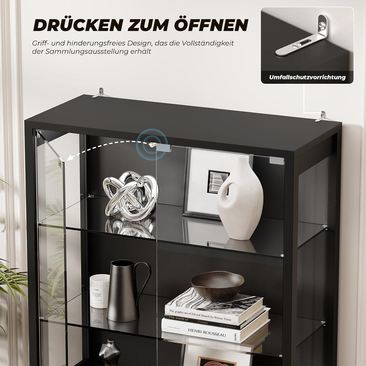 BROTTAR Vitrine mit Glastür, 6-stufige 180cm Vitrine mit 3 Farblichten für Sammlerstücke, Vitrine mit verstellbaren Glasträgern
