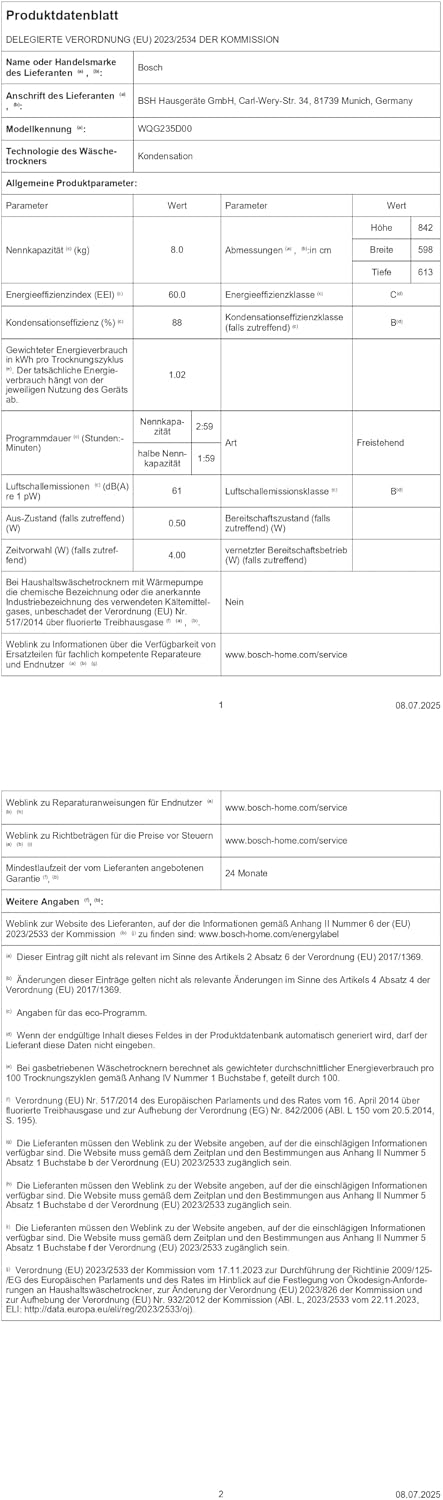 Bosch WQG235D00 Serie 6 Wärmepumpentrockner 8 kg, Auto Dry, Option Halbe Beladung, schneller getrocknete Wäsche