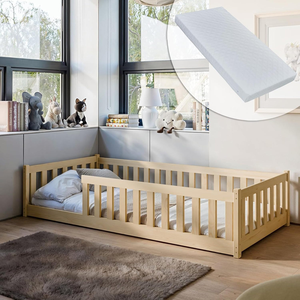 Kids Collective Kinderbett Bodenbett 120x200 cm Bett mit Rausfallschutz & Lattenrost Montessori Bett Bed Gitterbett Kinder Jugendbett Einzelbett
