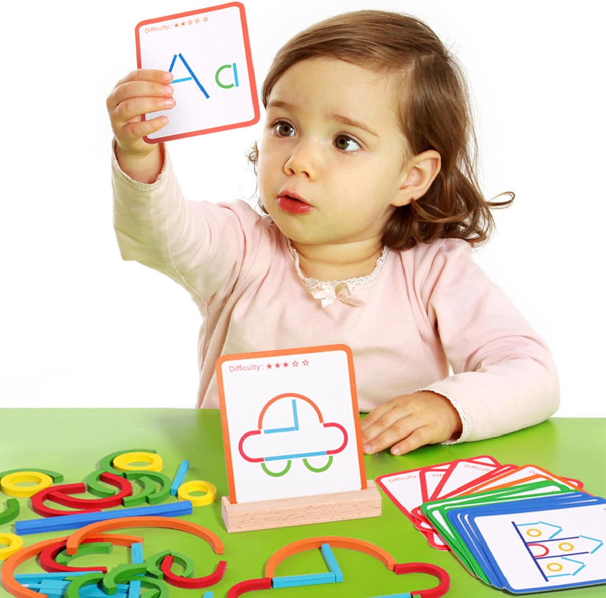 Kreatives Holzpuzzle Stäbchen & Ringe, Montessori Spielzeug Formanpassungsspiel ab 3 Jahren