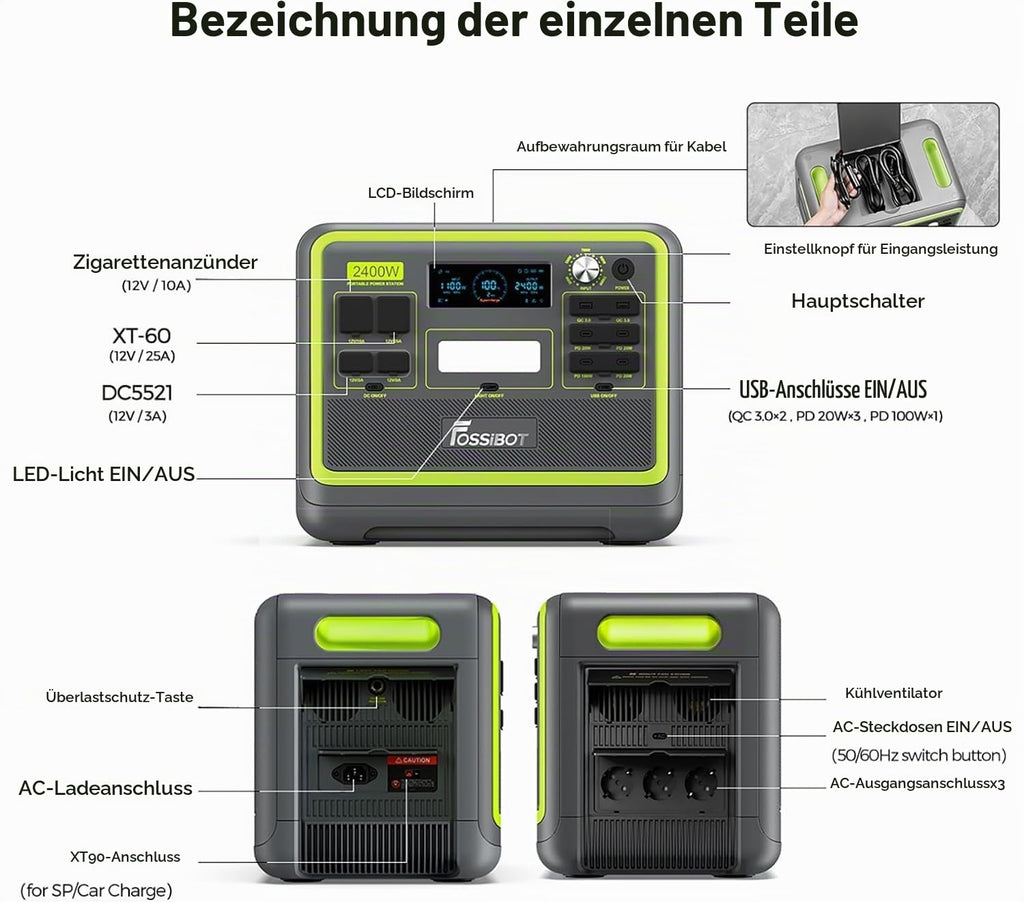 FOSSiBOT F2400 Powerstation mit 200W Solarpanel faltbar, Solargenerator 2048Wh LiFePO4 Batterie 230V 2400W 3AC Ausgängen, USV‑Funktion <10 ms Mobile Stromerzeuger für Camping/Reise/Zuhause/Notfall