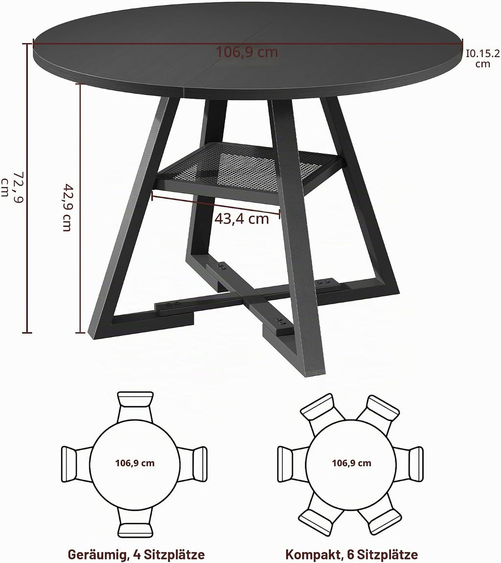 Jocoevol Esstisch Runder für 2 – 4 Personen, Esszimmertisch mit Ablage, platzsparender Küchentisch aus Holz im Industrial Design (Schwarz