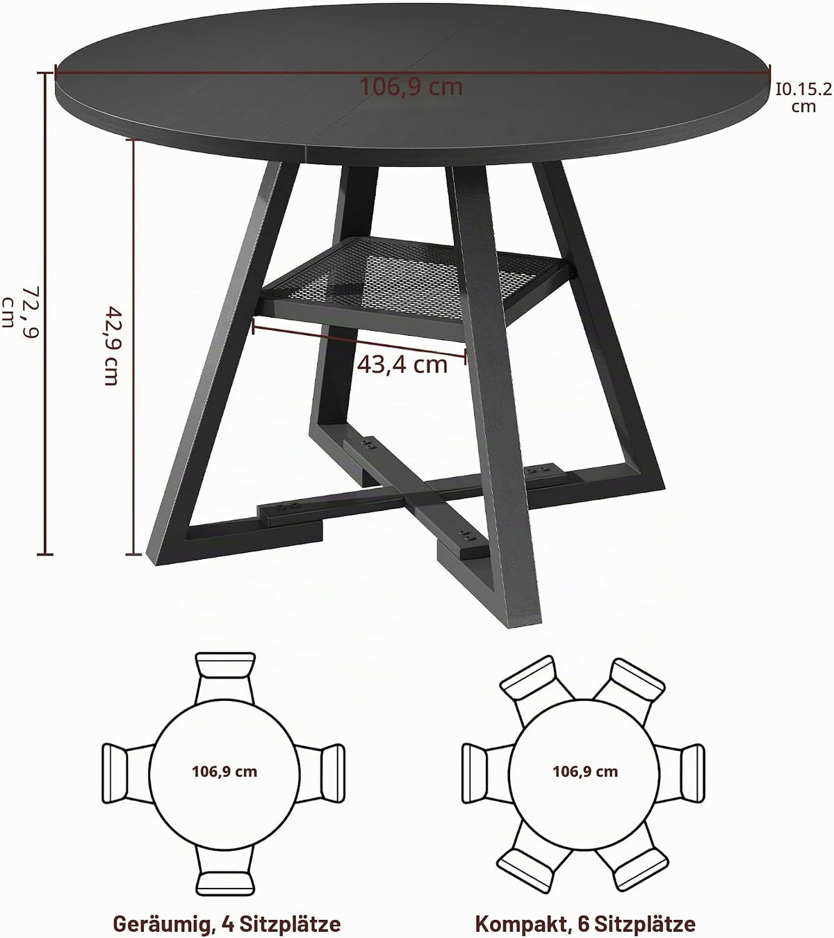 Jocoevol Esstisch Runder für 2 – 4 Personen, Esszimmertisch mit Ablage, platzsparender Küchentisch aus Holz im Industrial Design (Schwarz