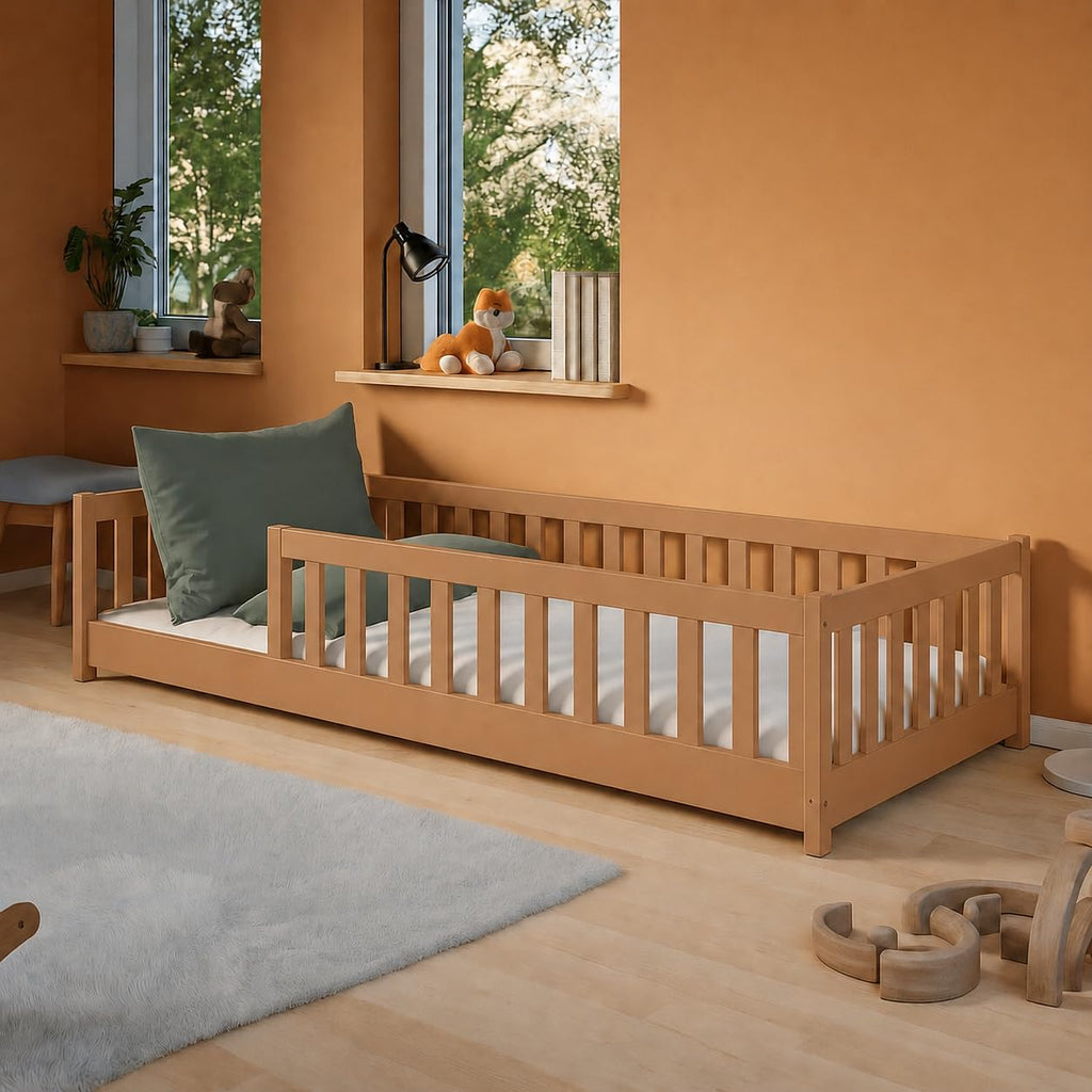 Kids Collective Kinderbett Bodenbett 120x200 cm Bett mit Rausfallschutz & Lattenrost Montessori Bett Bed Gitterbett Kinder Jugendbett Einzelbett