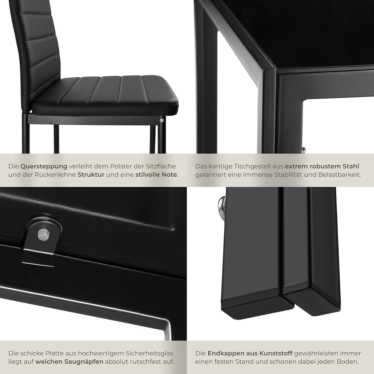 tectake Essgruppe Set Tisch und Stühle, Esstisch und 4X Stuhl, strapazierfähiges Kunstleder, Tischplatte aus Sicherheitsglas, Küchenstühle modern