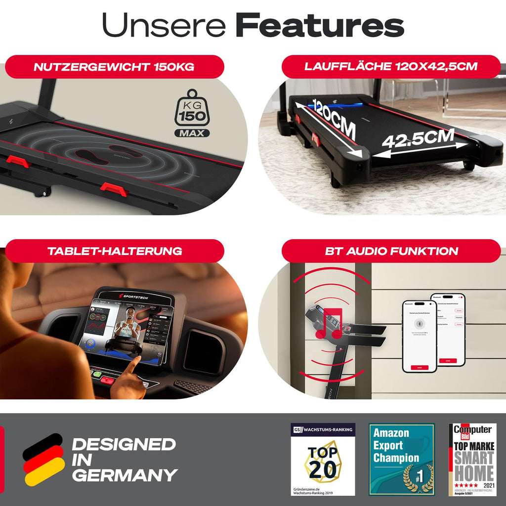 Sportstech, Laufband für Zuhause klappbar + 15-stufige Steigung F31s