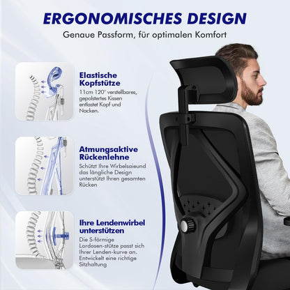 Daccormax Bürostuhl, Bürostuhl Ergonomisch Schreibtischstuhl mit Verstellbaren Armlehnen, Kopfstütze und weiche Lendenstütze aus Naturschwamm