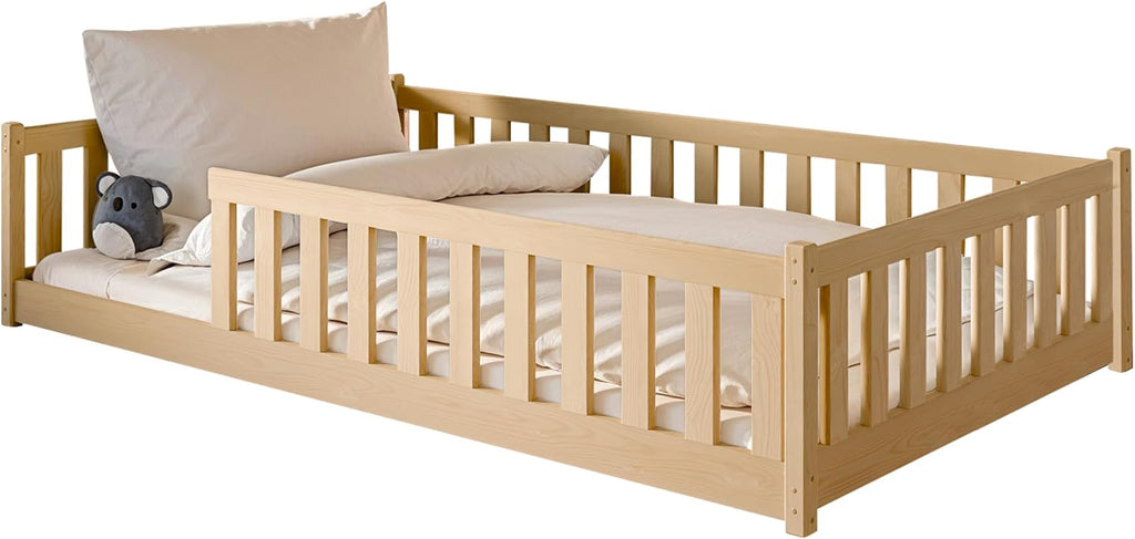 Kids Collective Kinderbett Bodenbett 120x200 cm Bett mit Rausfallschutz & Lattenrost Montessori Bett Bed Gitterbett Kinder Jugendbett Einzelbett