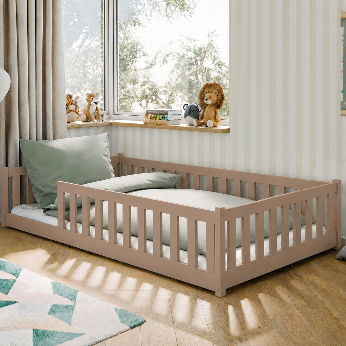 Kids Collective Kinderbett Bodenbett 120x200 cm Bett mit Rausfallschutz & Lattenrost Montessori Bett Bed Gitterbett Kinder Jugendbett Einzelbett