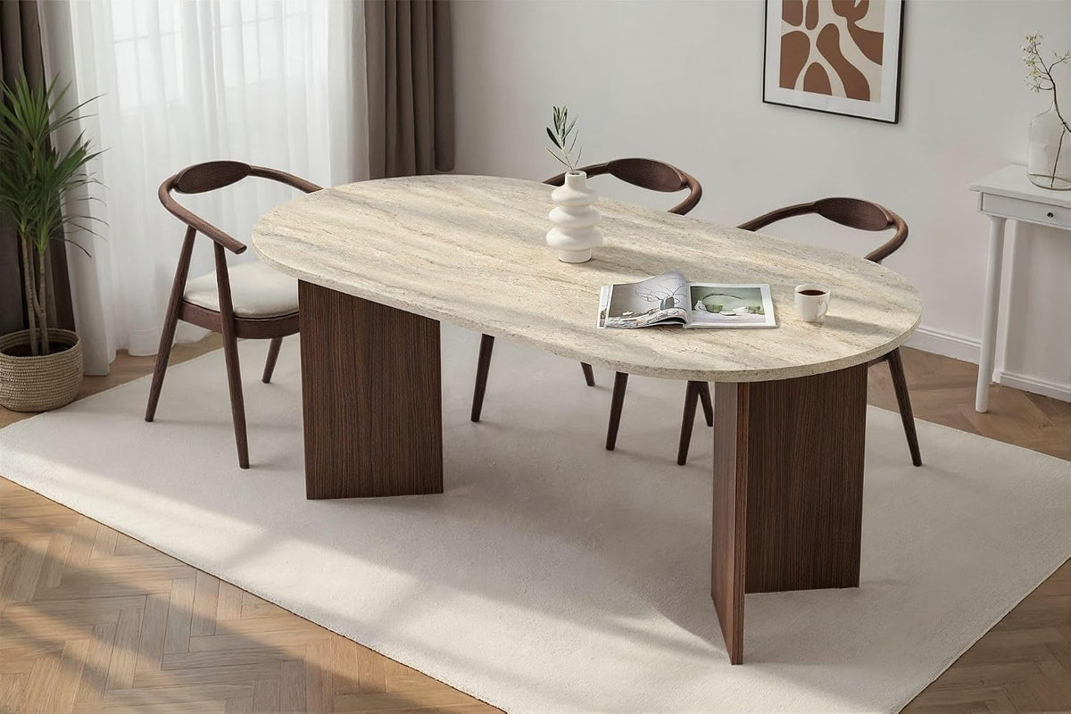 Moderner Esstisch, 180 x 90 x 75 cm, Travertine & Walnuss-Farben – 100% melaminbeschichtete Spanplatte, 25 mm Stärke