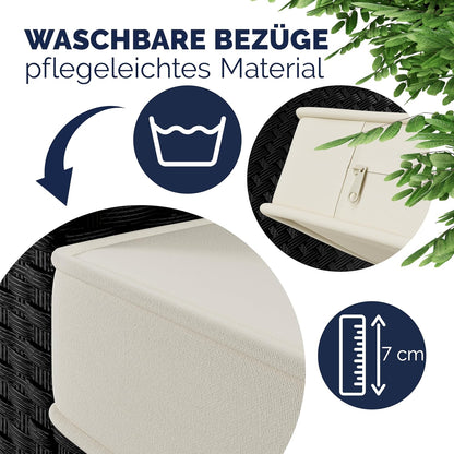 Casaria Polyrattan Ecklounge Set Schwarz für 9 Personen – Gartenmöbel Set mit WPC Tisch, Sessel & 2 Hockern