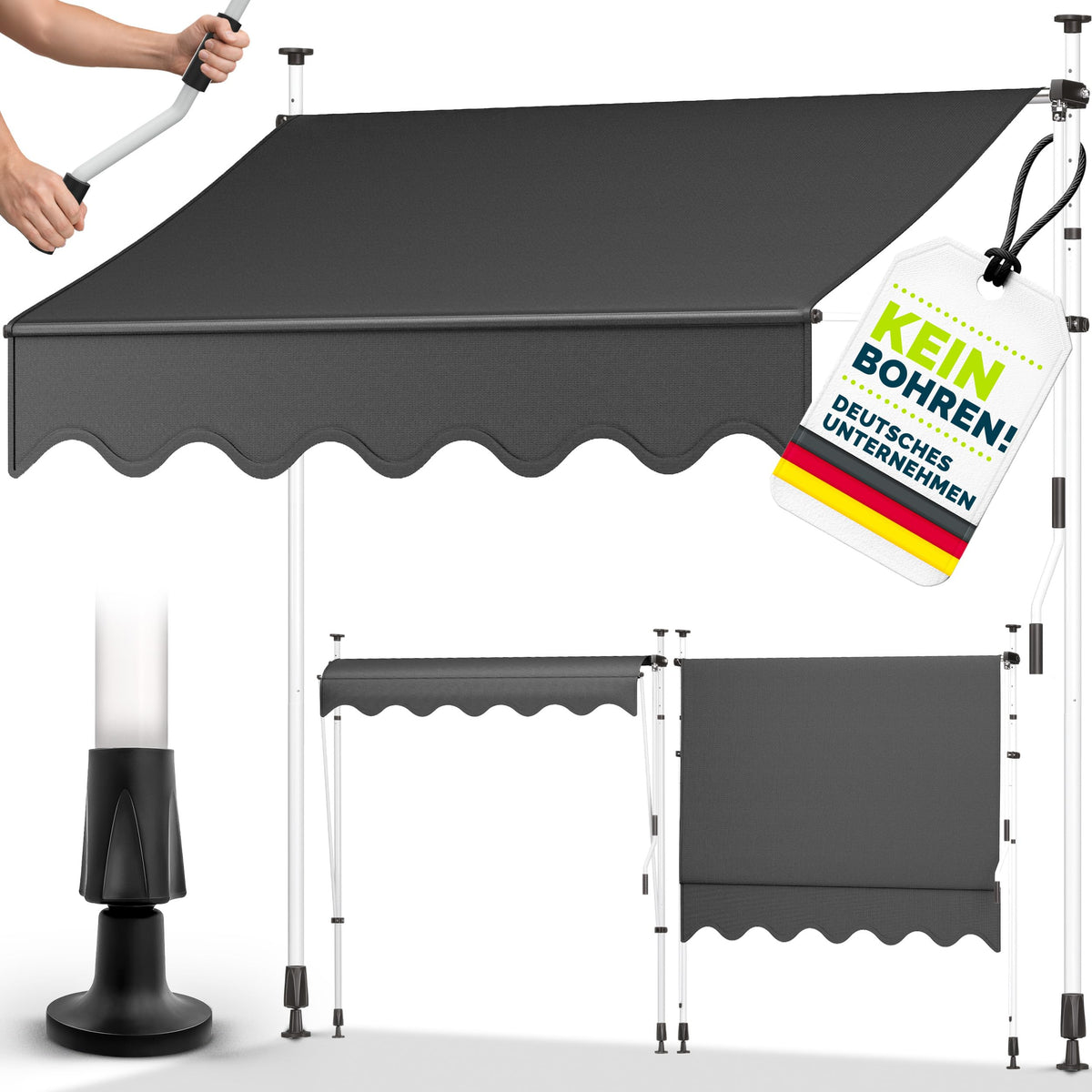 tillvex Klemmmarkise 350cm breit mit Handkurbel – Balkonmarkise ohne Bohren