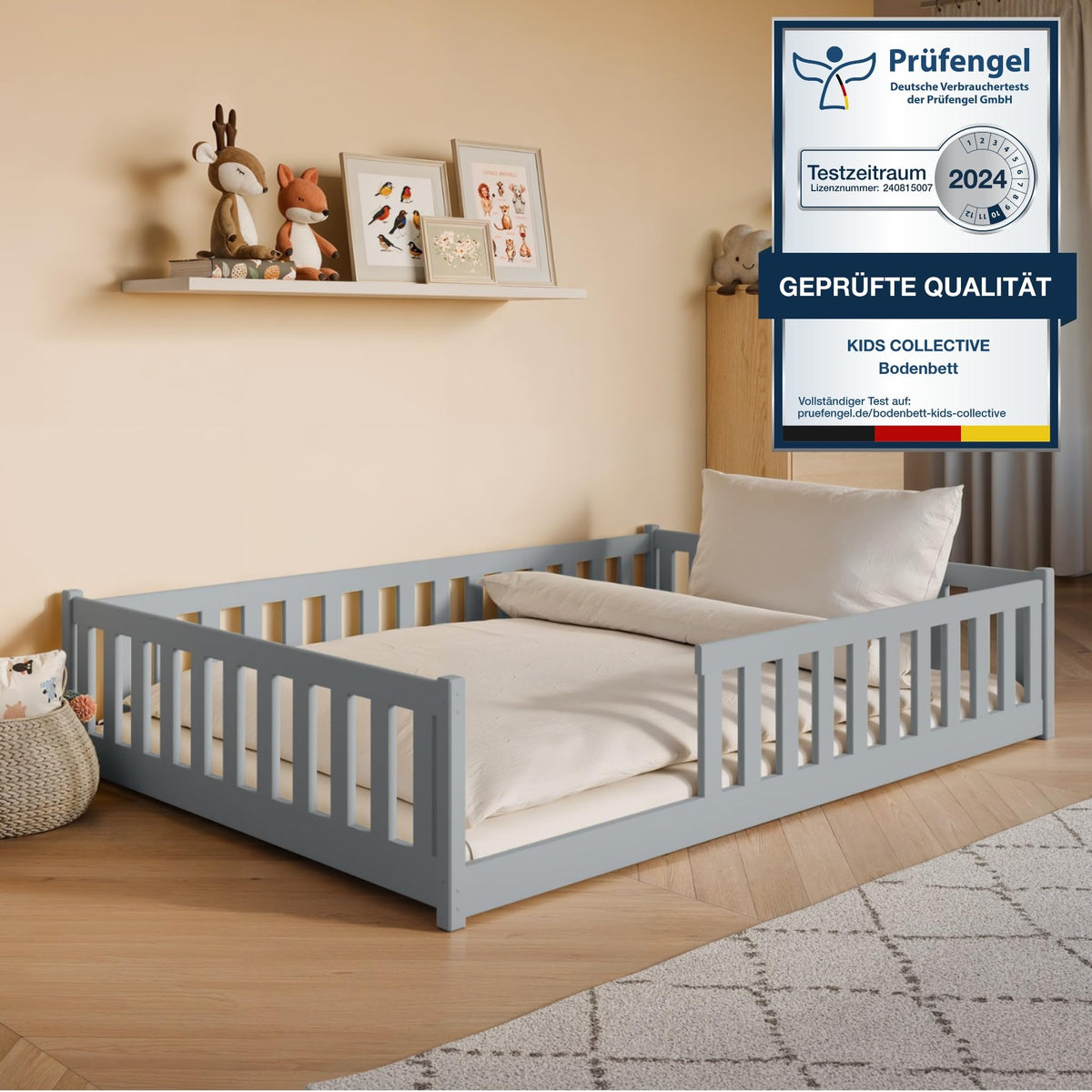 Kids Collective Kinderbett Bodenbett 120x200 cm Bett mit Rausfallschutz & Lattenrost Montessori Bett Bed Gitterbett Kinder Jugendbett Einzelbett