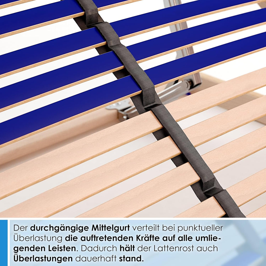 stabiler Lattenrost 100% BUCHE Lattenrahmen - Kopfteil verstellbar - SCHULTERFRÄSUNG, 7 Zonen, 42 Federleisten, Härte-Regulierung, Mittelgurt