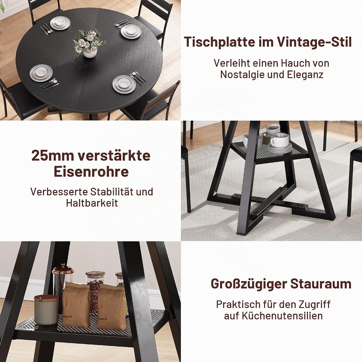 Jocoevol Esstisch Runder für 2 – 4 Personen, Esszimmertisch mit Ablage, platzsparender Küchentisch aus Holz im Industrial Design (Schwarz