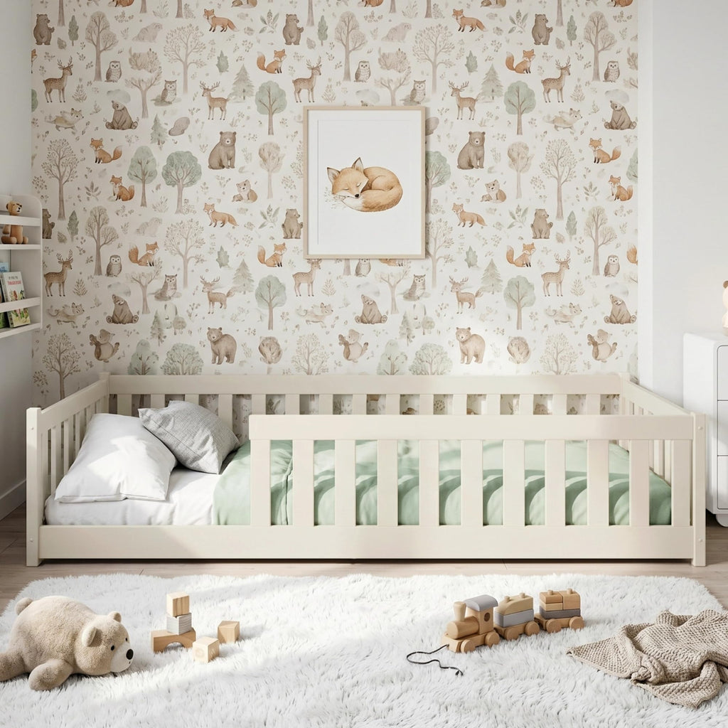 Kids Collective Kinderbett Bodenbett 120x200 cm Bett mit Rausfallschutz & Lattenrost Montessori Bett Bed Gitterbett Kinder Jugendbett Einzelbett