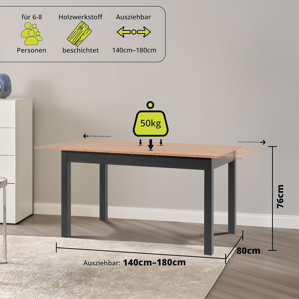 smart Esstisch 140x80 cm Asteiche, Küchentisch ausziehbar bis 180 cm, Esszimmertisch aus Holzwerkstoff inkl. erweiterbare Auszugsplatte, moderner
