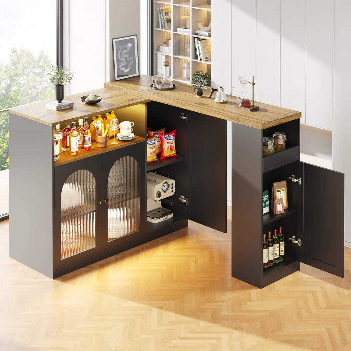 Merax Ausziehbarer Bartisch mit Stauraum, 360° drehbarer Beweglicher Bartisch Küchentheke Kücheninsel Kaffeeecke, mit Offene Ablagefächer