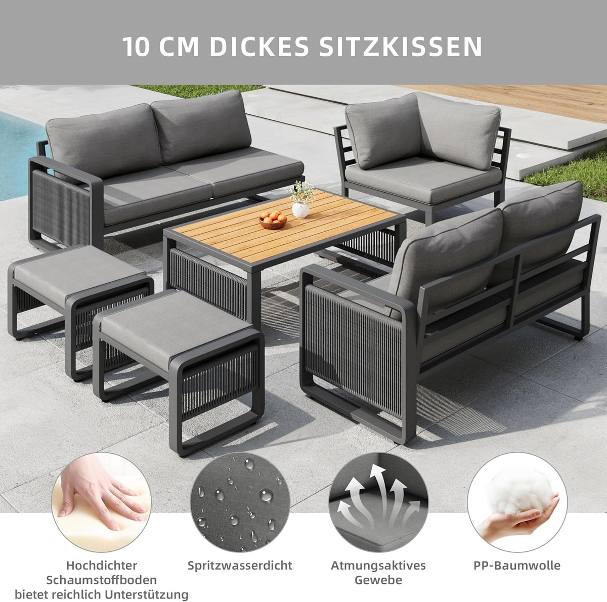 Merax Gartenmöbel Lounge Set Grau für 6 – 7 Personen, Gartensofa mit Liegefunktion, Ecklounge mit Sitzkissen für Terrasse & Balkon