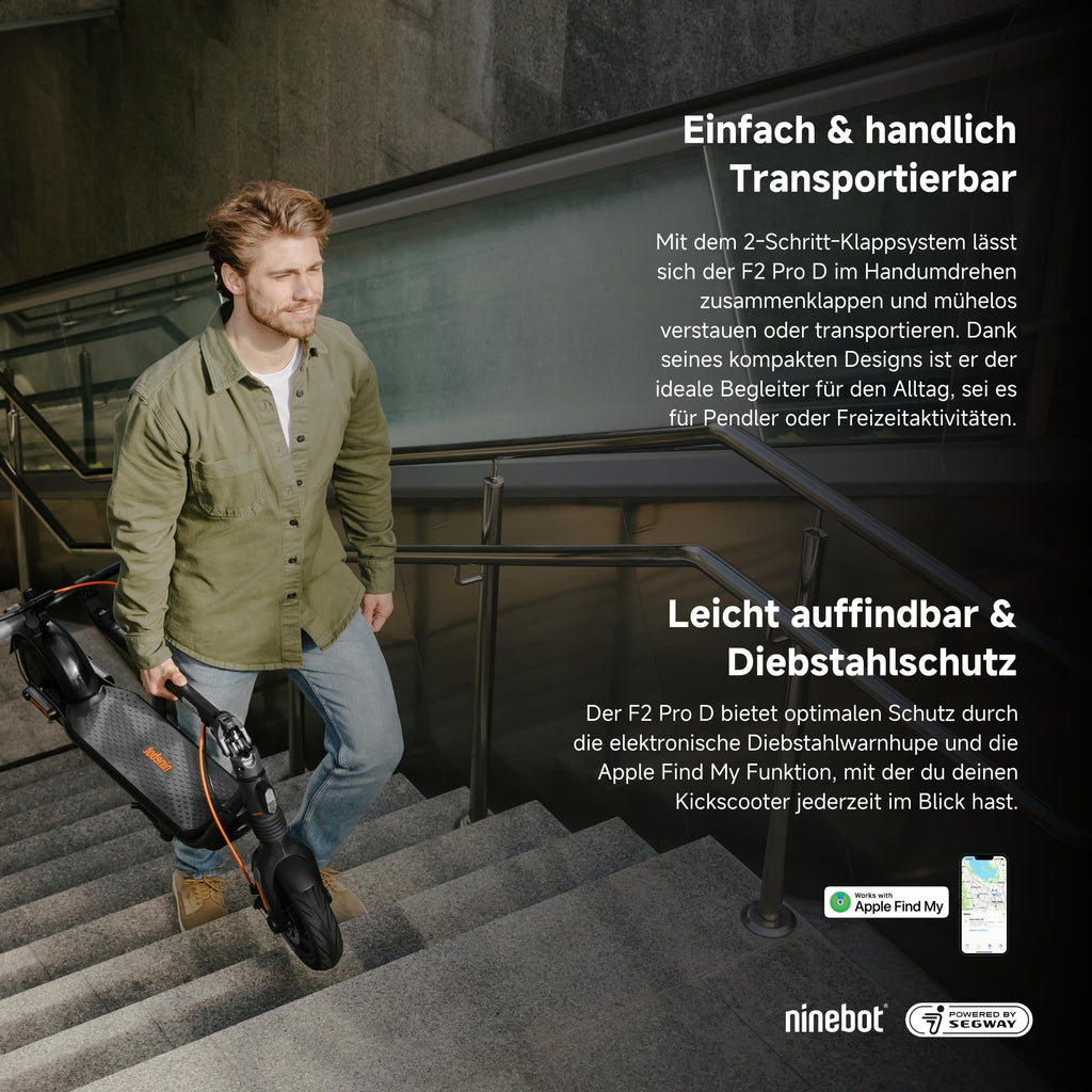 Segway-Ninebot F2 Pro D, E-Scooter mit Straßenzulassung für Erwachsene, max. 20 km/h Geschwindigkeit, 55 km Reichweite, Lange Reichweite