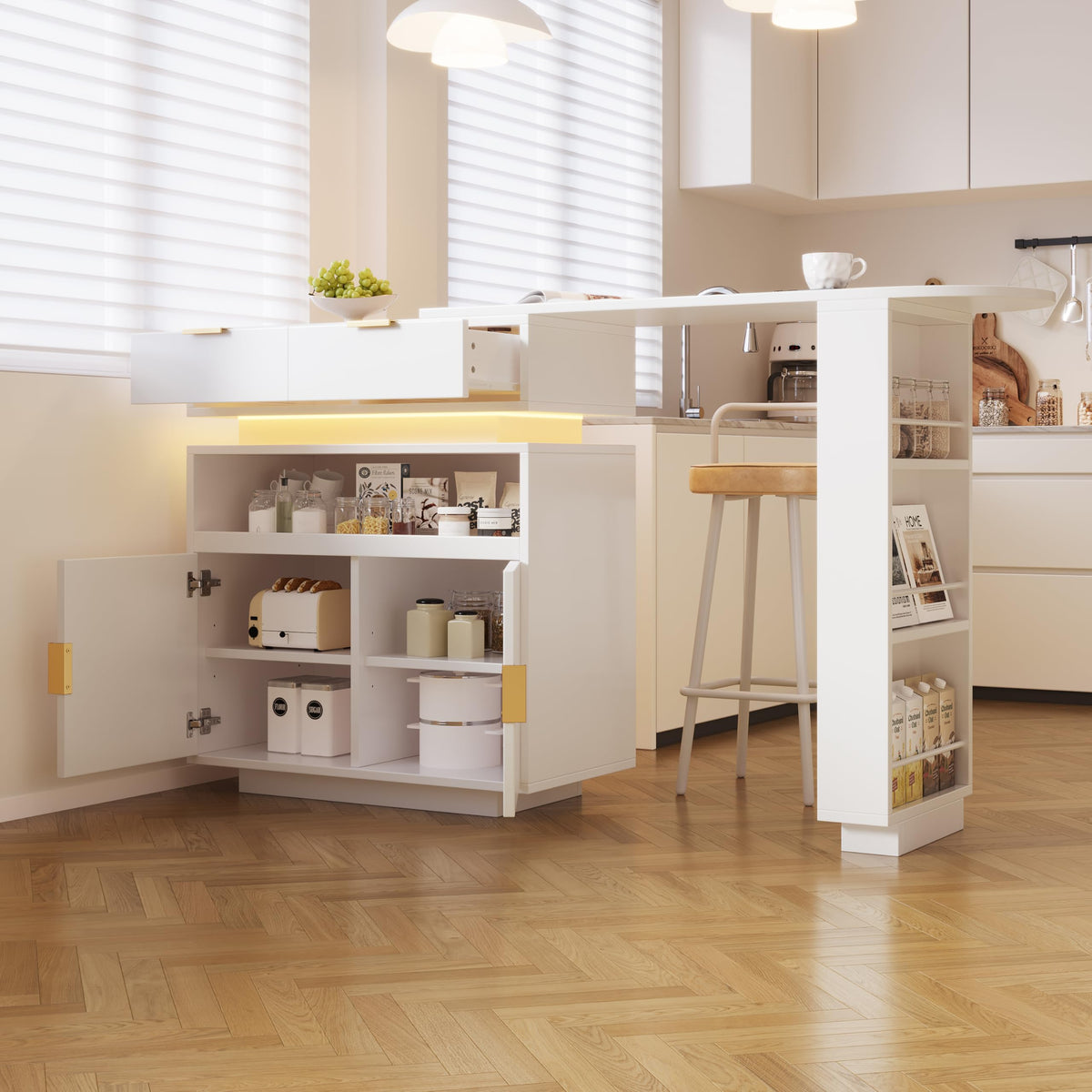 Merax Ausziehbarer Bartisch mit Stauraum, 360° drehbarer Beweglicher Bartisch Küchentheke Kücheninsel Kaffeeecke, mit Offene Ablagefächer