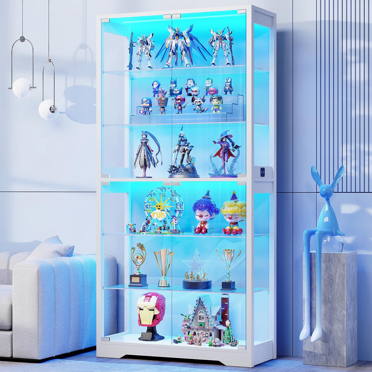BROTTAR Vitrine mit Glastür, 6-stufige 180cm Vitrine mit 3 Farblichten für Sammlerstücke, Vitrine mit verstellbaren Glasträgern