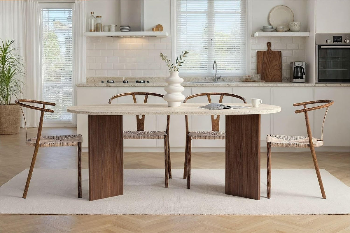 Moderner Esstisch, 180 x 90 x 75 cm, Travertine & Walnuss-Farben – 100% melaminbeschichtete Spanplatte, 25 mm Stärke