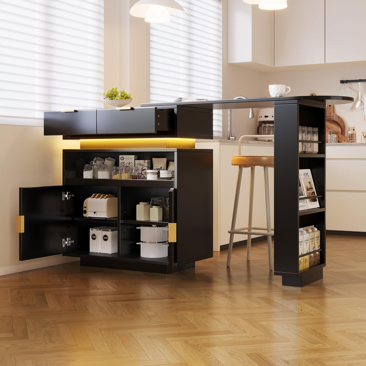 Merax Ausziehbarer Bartisch mit Stauraum, 360° drehbarer Beweglicher Bartisch Küchentheke Kücheninsel Kaffeeecke, mit Offene Ablagefächer