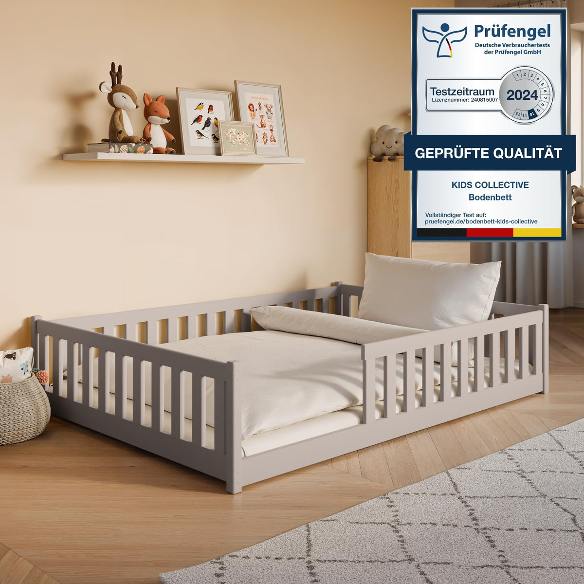 Kids Collective Kinderbett Bodenbett 120x200 cm Bett mit Rausfallschutz & Lattenrost Montessori Bett Bed Gitterbett Kinder Jugendbett Einzelbett
