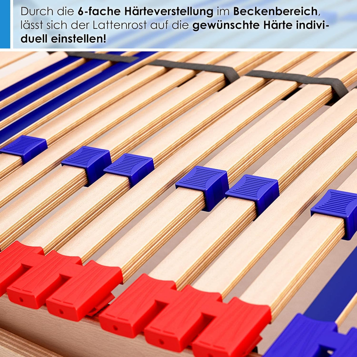 stabiler Lattenrost 100% BUCHE Lattenrahmen - Kopfteil verstellbar - SCHULTERFRÄSUNG, 7 Zonen, 42 Federleisten, Härte-Regulierung, Mittelgurt