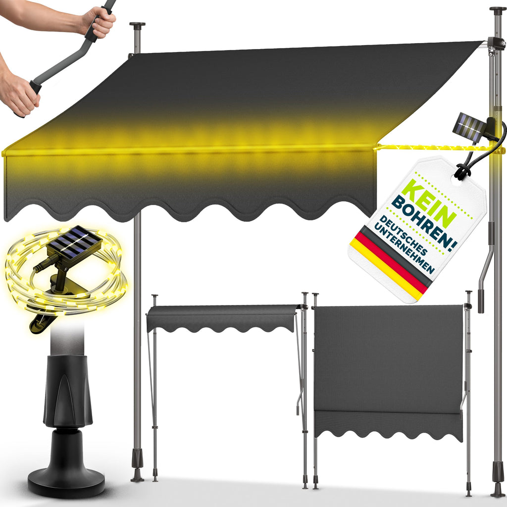 tillvex Klemmmarkise 350cm breit mit Handkurbel – Balkonmarkise ohne Bohren