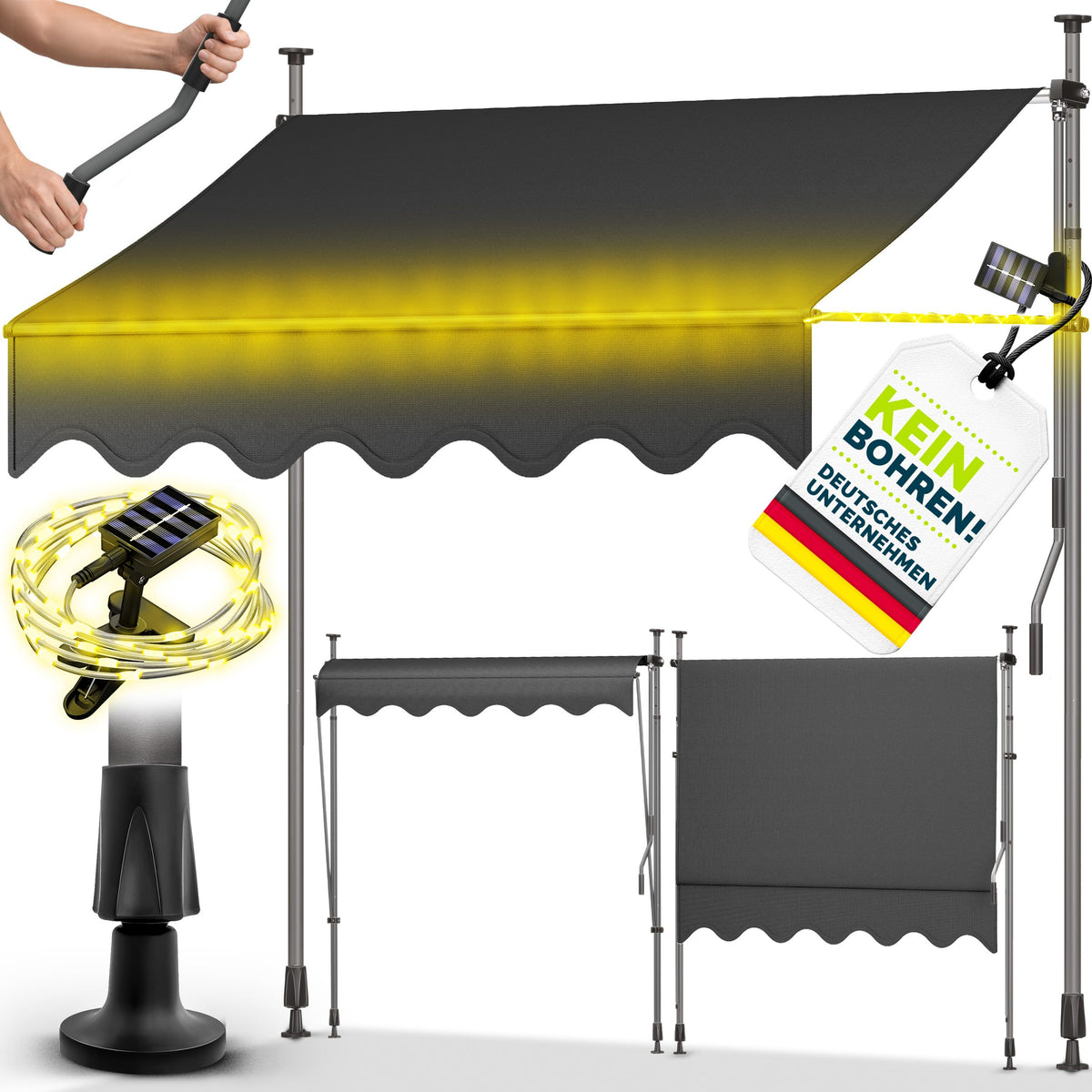 tillvex Klemmmarkise 350cm breit mit Handkurbel – Balkonmarkise ohne Bohren
