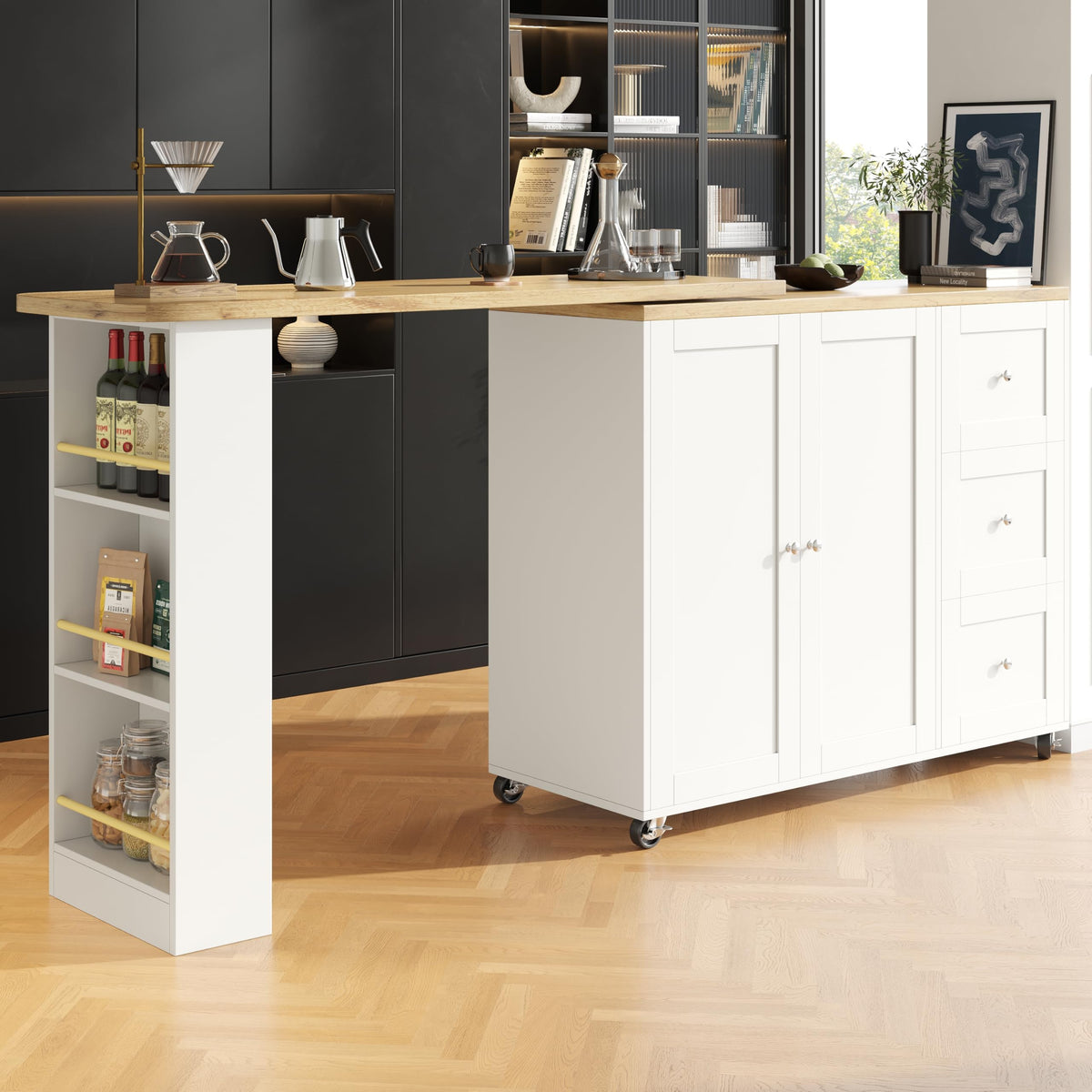 Merax Ausziehbarer Bartisch mit Stauraum, 360° drehbarer Beweglicher Bartisch Küchentheke Kücheninsel Kaffeeecke, mit Offene Ablagefächer