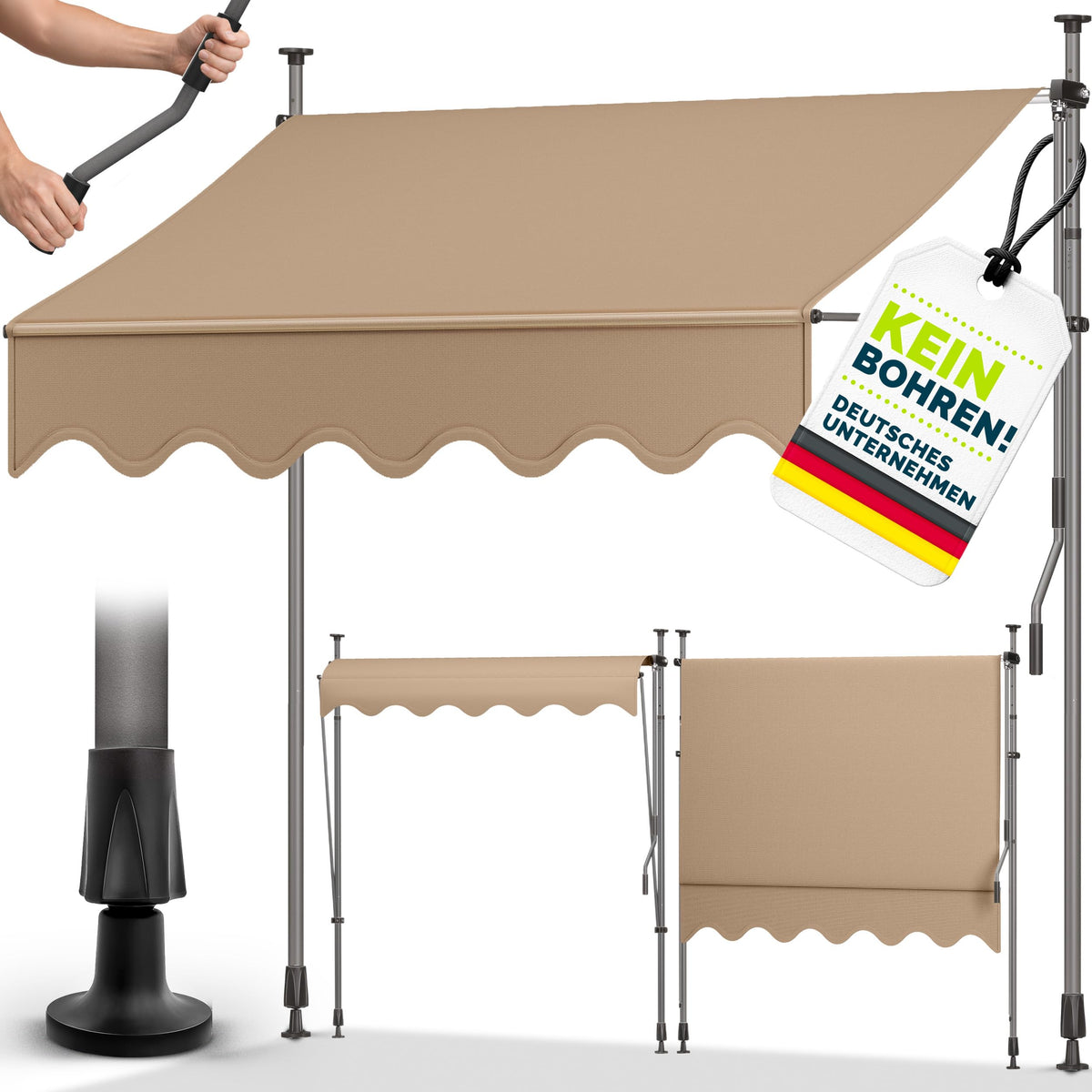 tillvex Klemmmarkise 350cm breit mit Handkurbel – Balkonmarkise ohne Bohren