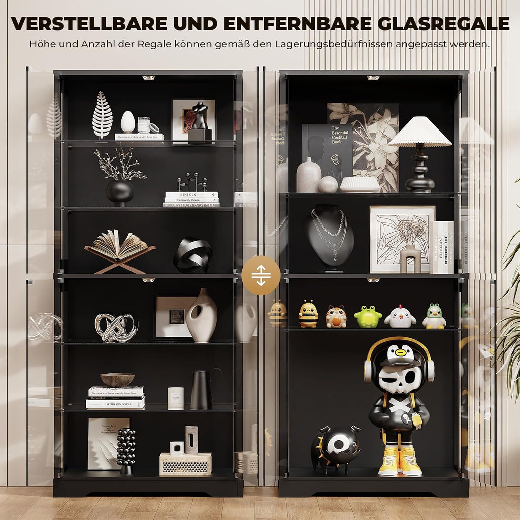 BROTTAR Vitrine mit Glastür, 6-stufige 180cm Vitrine mit 3 Farblichten für Sammlerstücke, Vitrine mit verstellbaren Glasträgern