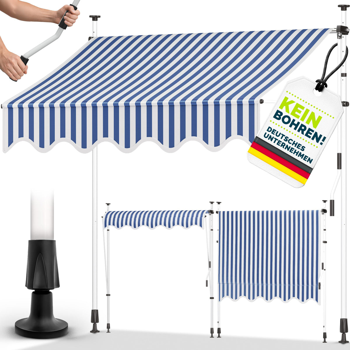 tillvex Klemmmarkise 350cm breit mit Handkurbel – Balkonmarkise ohne Bohren