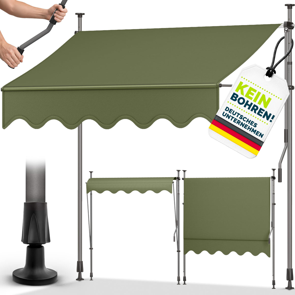 tillvex Klemmmarkise 350cm breit mit Handkurbel – Balkonmarkise ohne Bohren