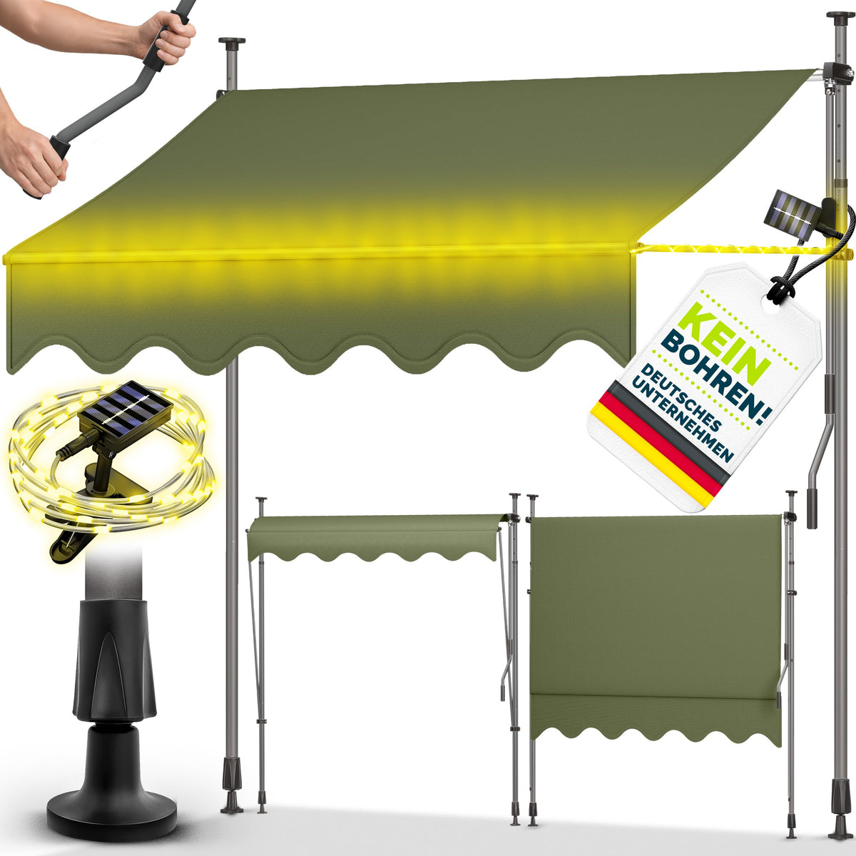 tillvex Klemmmarkise 350cm breit mit Handkurbel – Balkonmarkise ohne Bohren