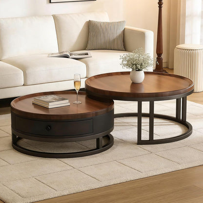 Couchtisch 2er Set rund mit Schublade, Satztische in Walnussoptik, Wohnzimmertisch mit Metallrahmen und Stauraum