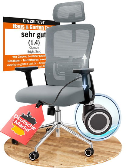 CLOUVOU BrightSeat Ergonomischer Bürostuhl Schwarz bis 150 kg – Schreibtischstuhl mit Kopfstütze, Lendenstütze & 2D Armlehnen