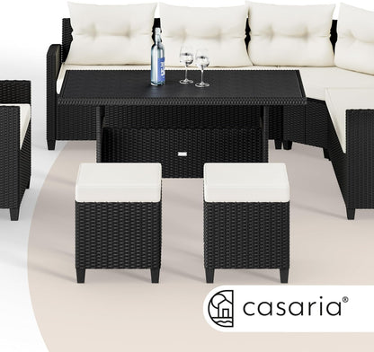 Casaria Polyrattan Ecklounge Set Schwarz für 9 Personen – Gartenmöbel Set mit WPC Tisch, Sessel & 2 Hockern