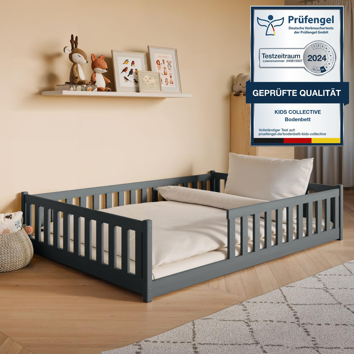Kids Collective Kinderbett Bodenbett 120x200 cm Bett mit Rausfallschutz & Lattenrost Montessori Bett Bed Gitterbett Kinder Jugendbett Einzelbett