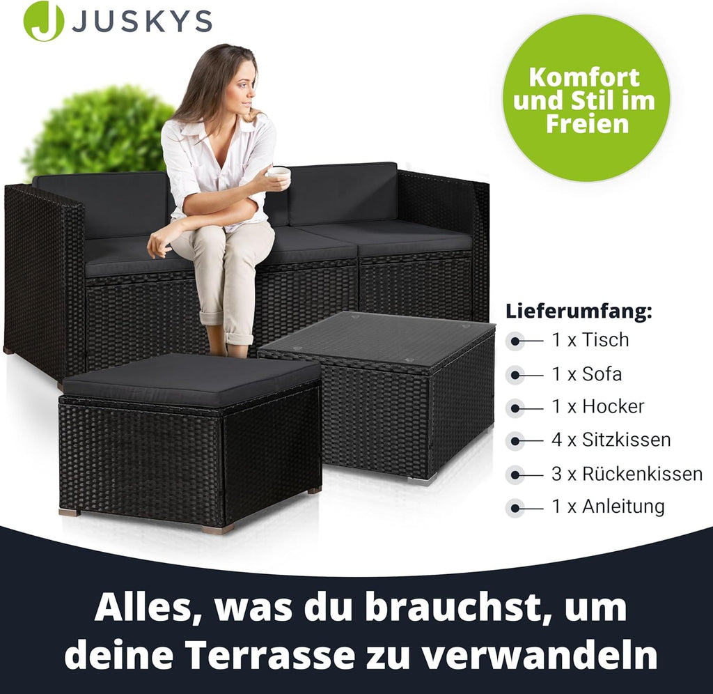 Juskys Polyrattan Lounge Set Punta Cana für 3 – 4 Personen – Gartenmöbel Set mit Sofa, Hocker, Tisch & Kissen