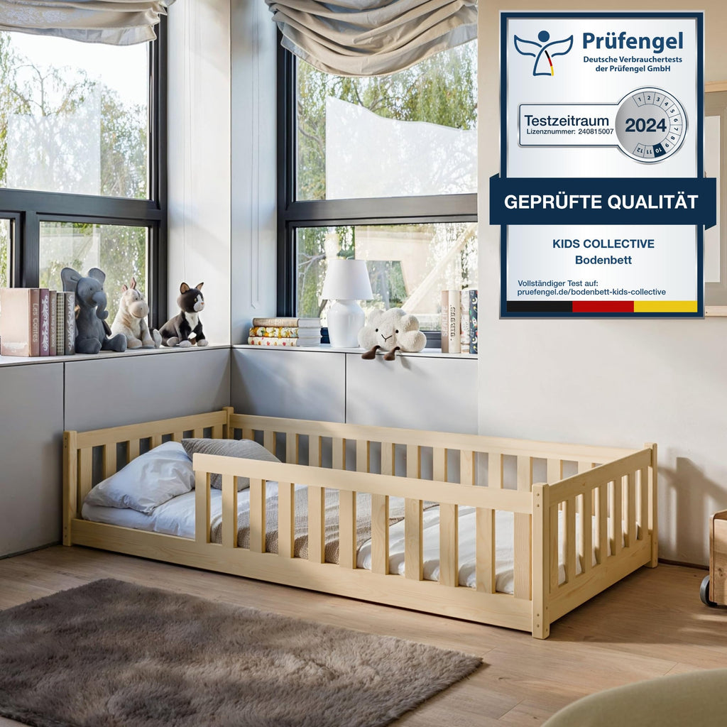 Kids Collective Kinderbett Bodenbett 120x200 cm Bett mit Rausfallschutz & Lattenrost Montessori Bett Bed Gitterbett Kinder Jugendbett Einzelbett