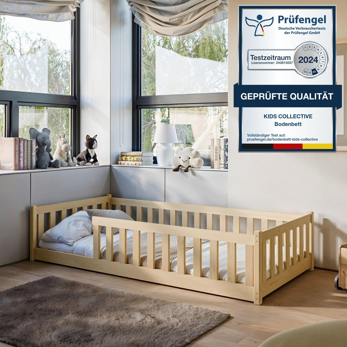 Kids Collective Kinderbett Bodenbett 120x200 cm Bett mit Rausfallschutz & Lattenrost Montessori Bett Bed Gitterbett Kinder Jugendbett Einzelbett
