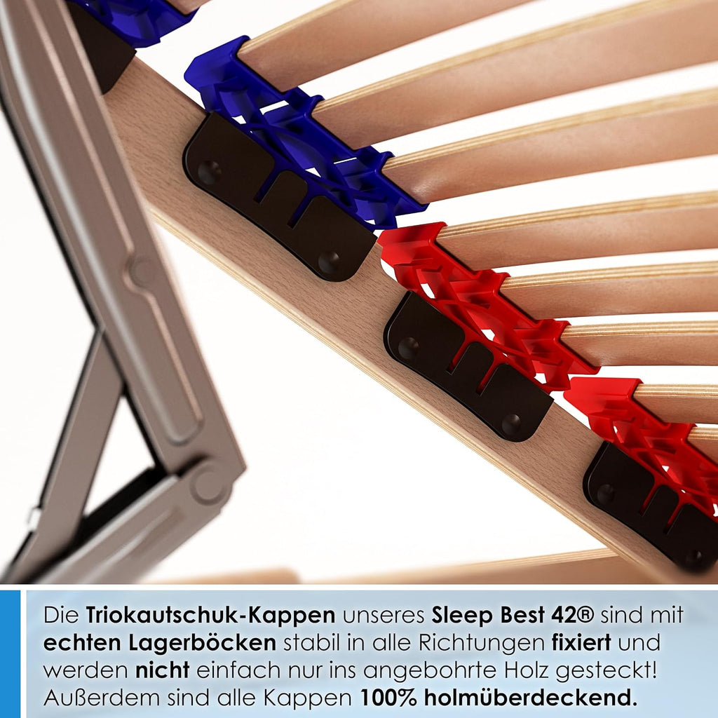 stabiler Lattenrost 100% BUCHE Lattenrahmen - Kopfteil verstellbar - SCHULTERFRÄSUNG, 7 Zonen, 42 Federleisten, Härte-Regulierung, Mittelgurt