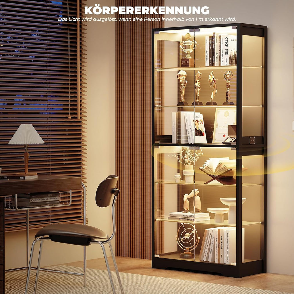 BROTTAR Vitrine mit Glastür, 6-stufige 180cm Vitrine mit 3 Farblichten für Sammlerstücke, Vitrine mit verstellbaren Glasträgern