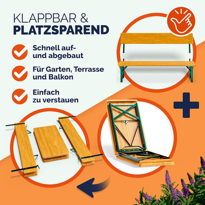 Casaria Bierzeltgarnitur 170 cm mit Lehne, 3-teilig aus Holz & Stahl, klappbar, Braun, Tisch mit 2 Bierbänken